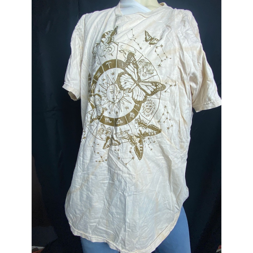 Graphic T Shirt Cream Butterfly Celestial Print Unisex Short Sleeve size S‎